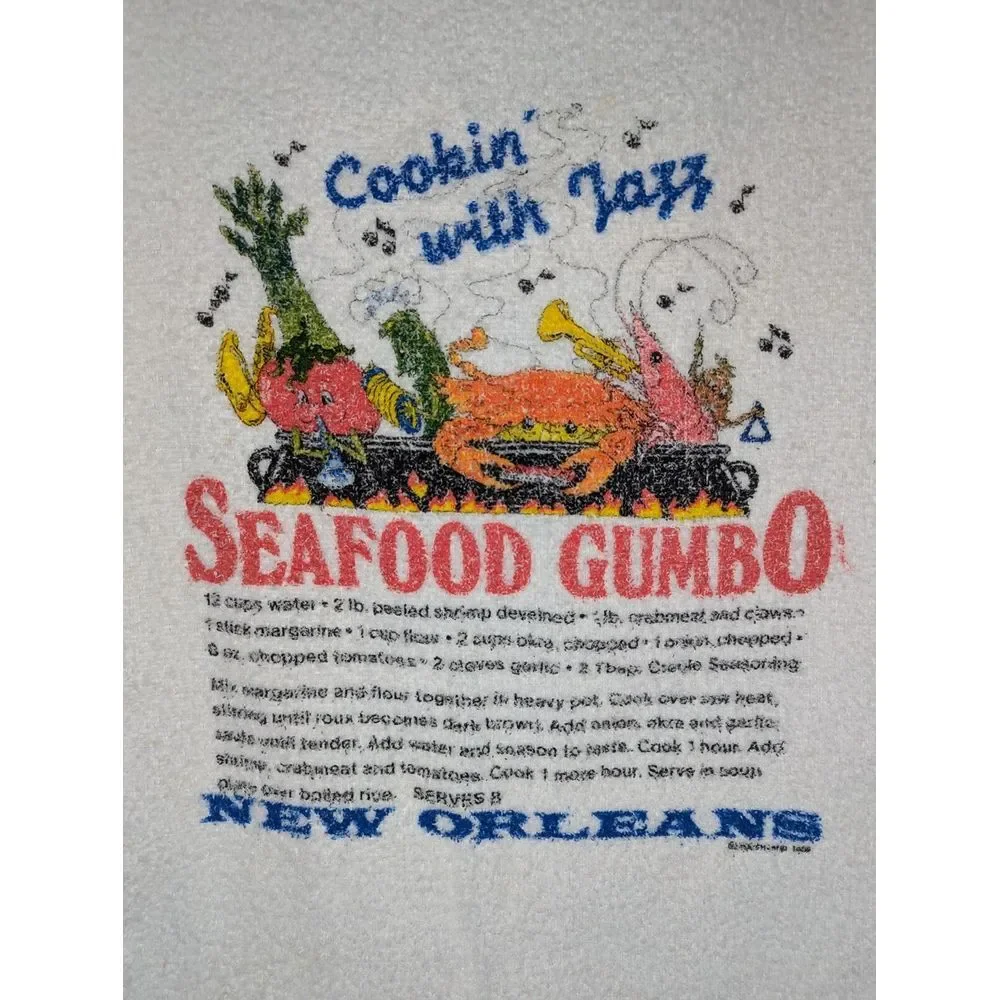 Vintage New Orleans Seafood Gumbo Recipe Kitchen Hand‎ Dish Towel Cooking 1989